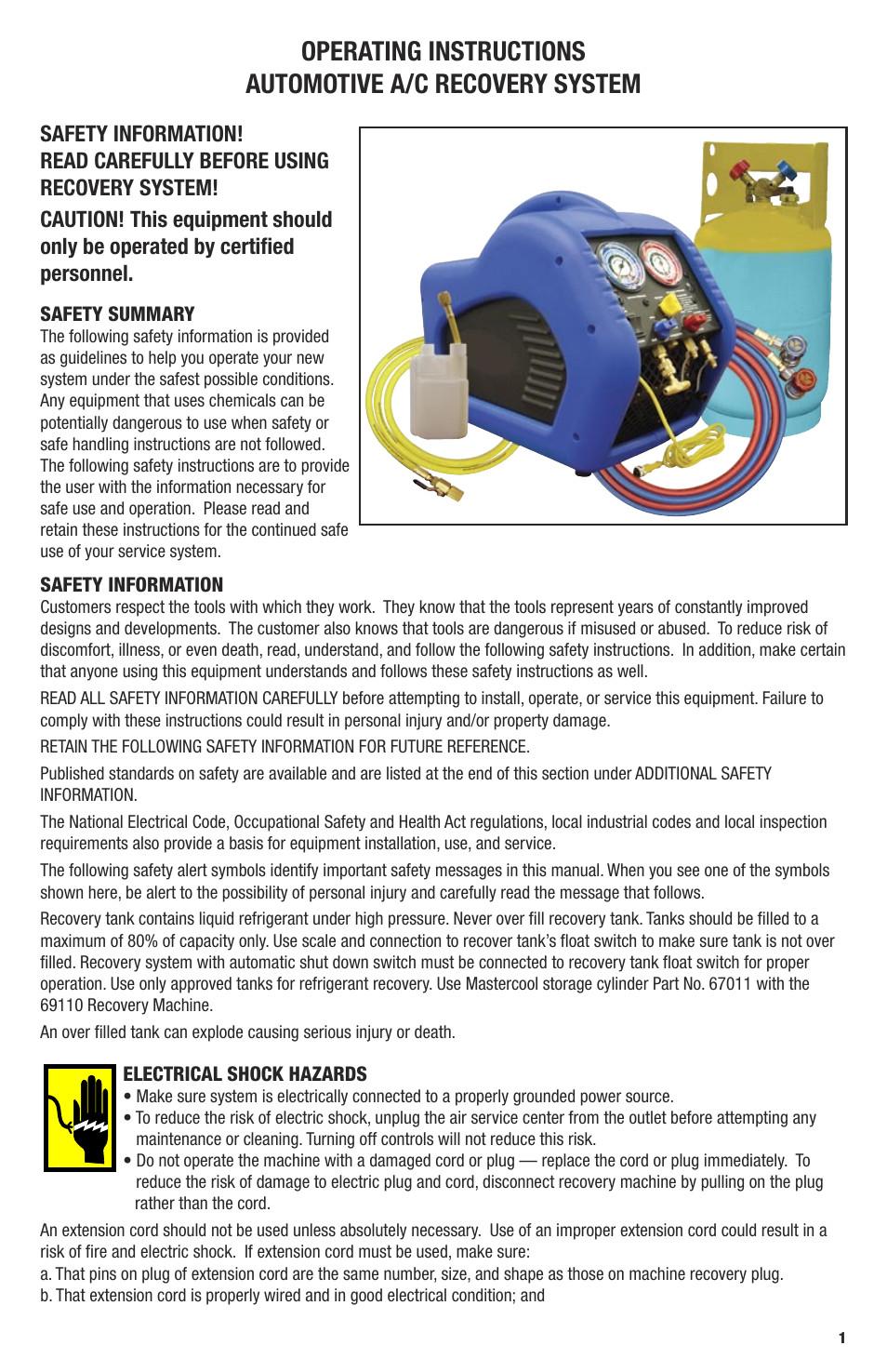 Mastercool 69110 AUTOMOTIVE A-C RECOVERY SYSTEM User Manual | 4 pages