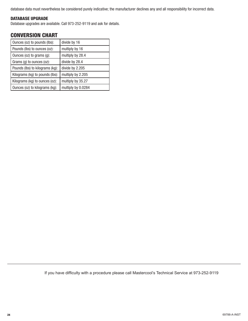 Conversion chart | Mastercool 69788-A R134a RECOVERY_RECYCLE_RECHARGE