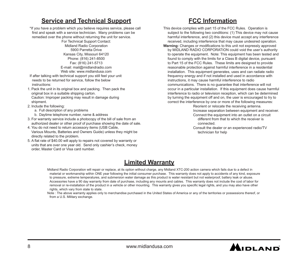 Service and technical support, Fcc information, Limited warranty