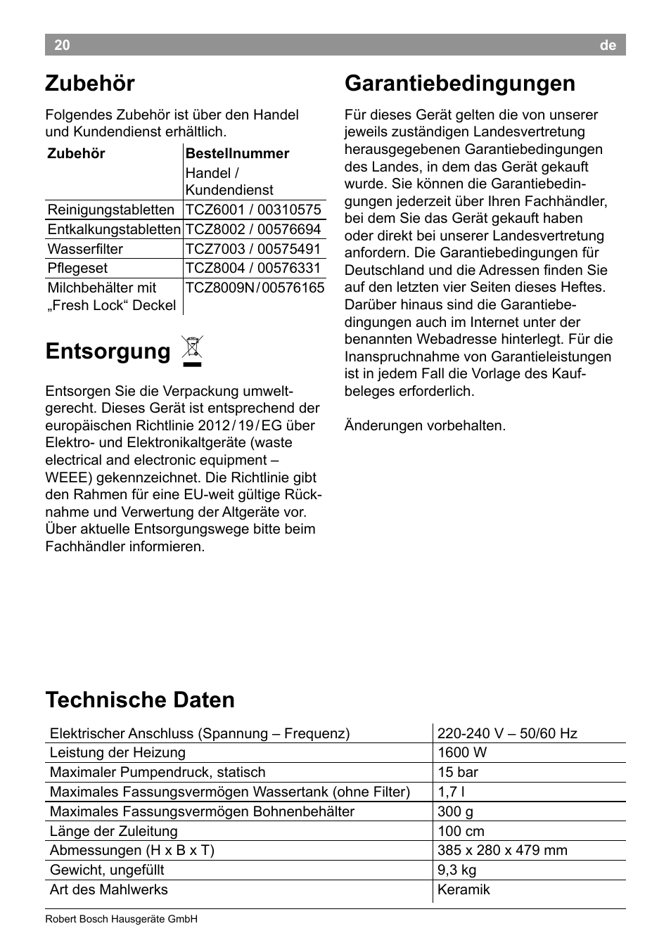 Technische daten Zubeh 246 r Entsorgung Bosch TES50358DE VeroCafe Latte 