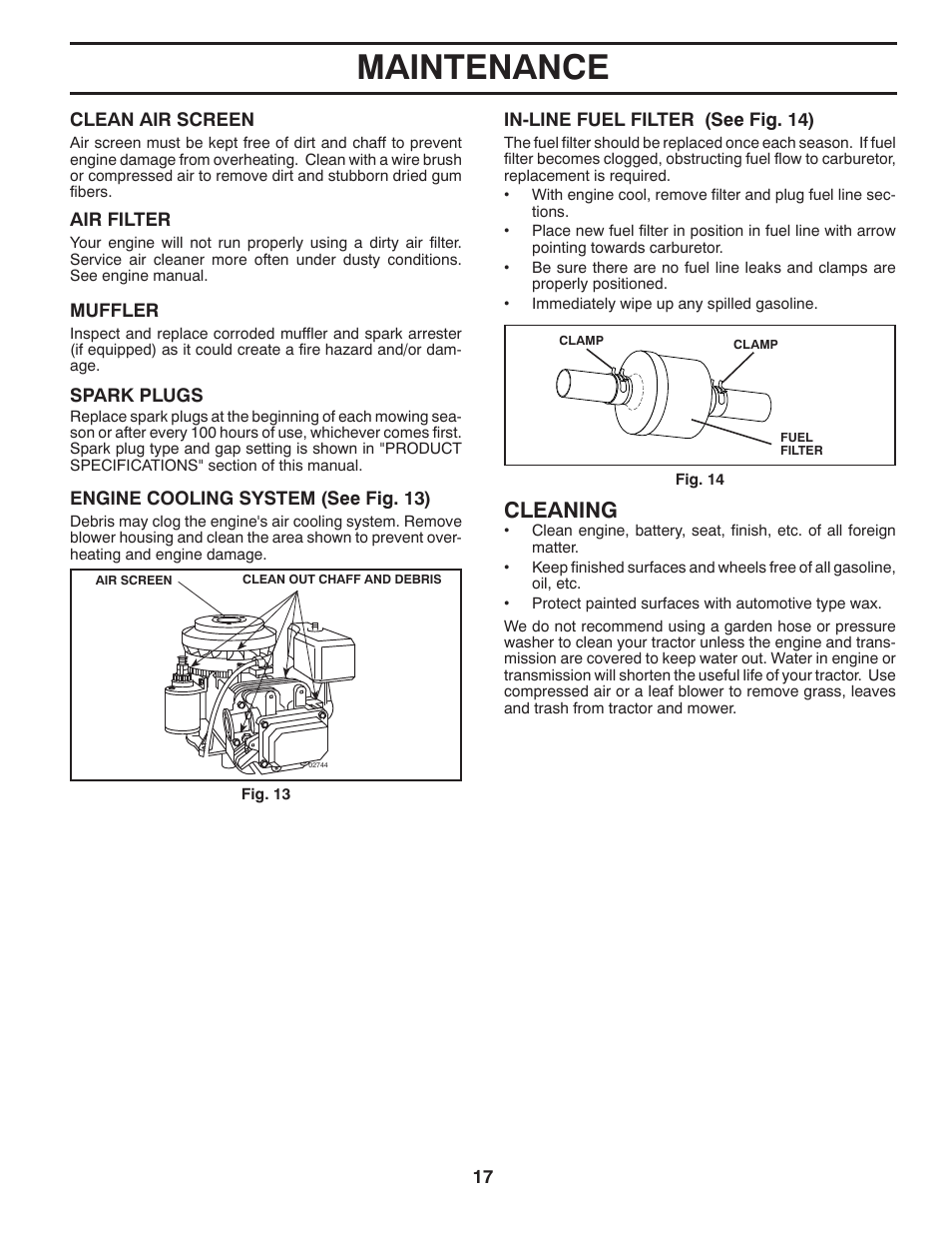 Maintenance, Cleaning | Poulan Pro PB17542LT LAWN TRACTOR User Manual