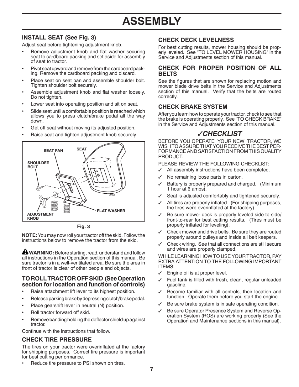 Assembly, Checklist | Poulan Pro PB17542LT LAWN TRACTOR User Manual