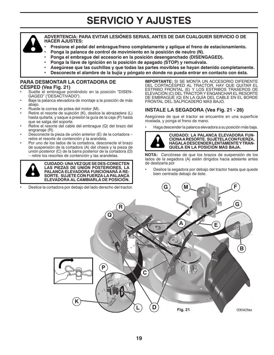 Servicio y ajustes | Poulan Pro PB195A46LT LAWN TRACTOR User Manual