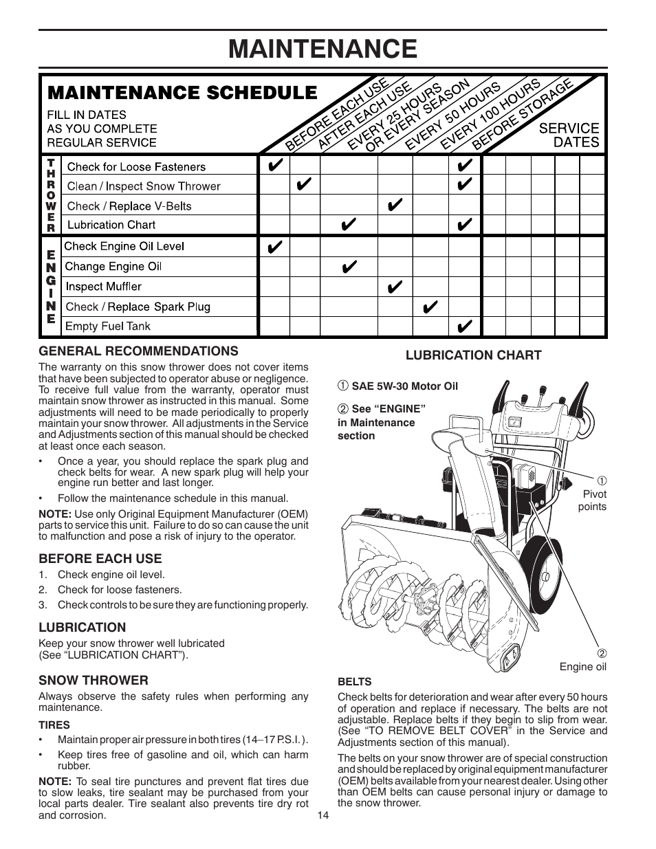 Maintenance | Poulan Pro 961980057 SNOW THROWER User Manual | Page 14 / 40