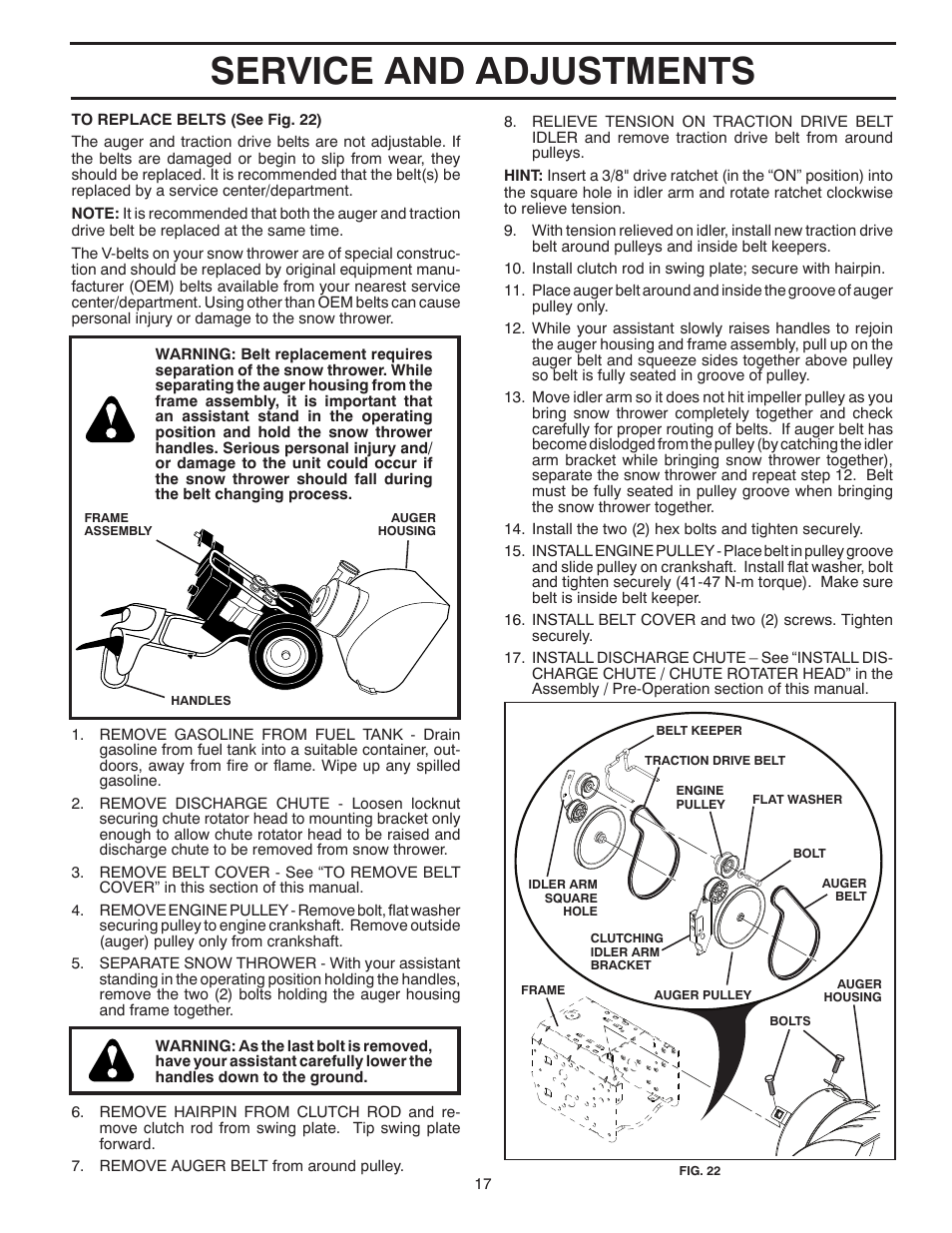 Service and adjustments | Poulan Pro PR14527ES SNOW THROWER User Manual