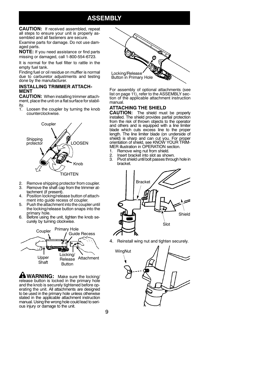 Assembly, Warning | Poulan Pro PP130 User Manual | Page 9 / 60