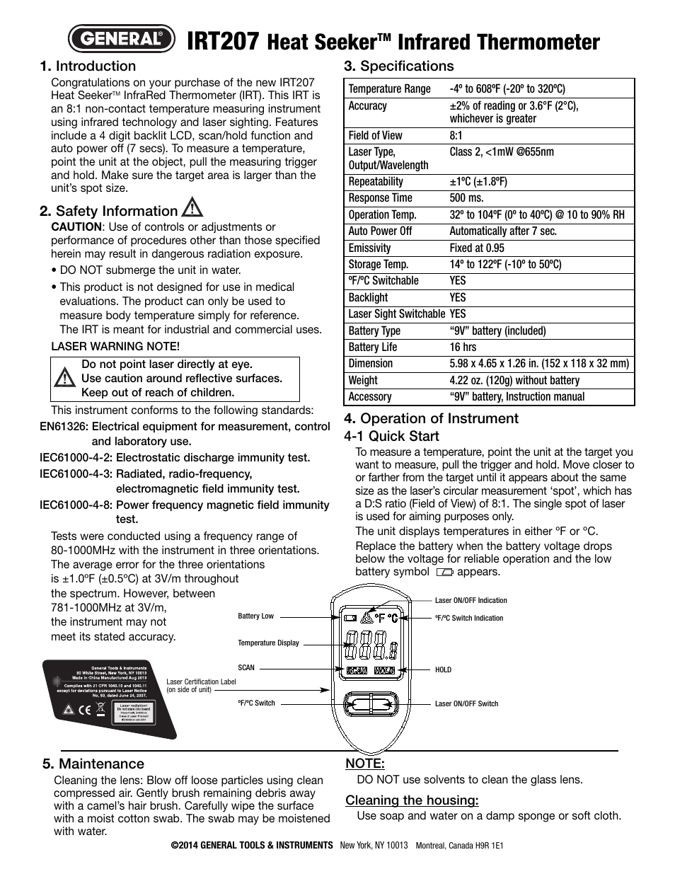 General Tools and Instruments IRT207 User Manual | 2 pages