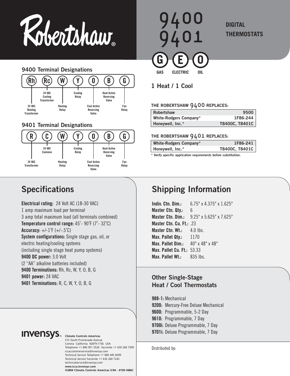 Shipping information, Specifications | Robertshaw 9401 User Manual