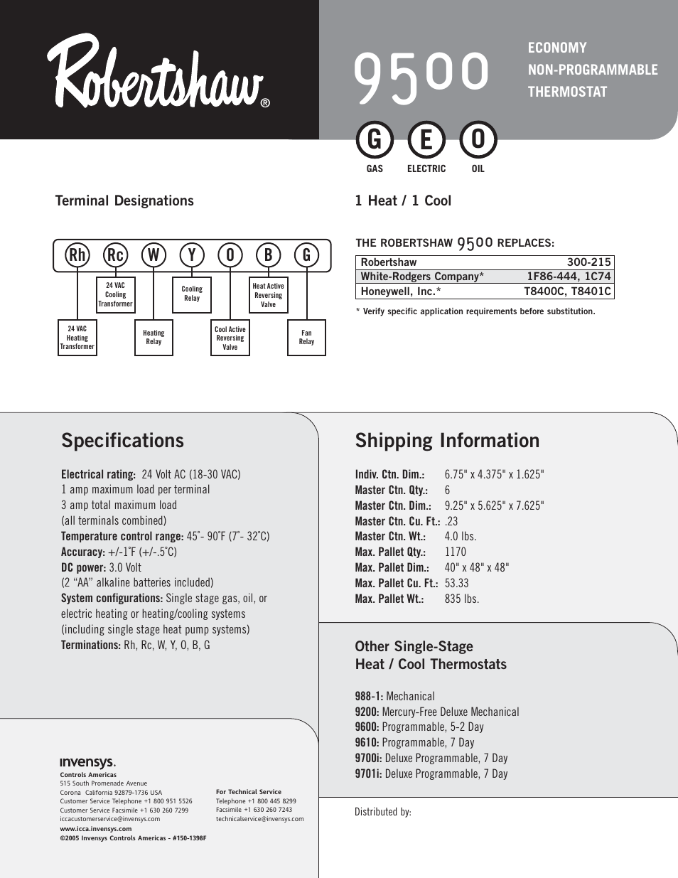 Shipping information, Specifications | Robertshaw 9500 User Manual