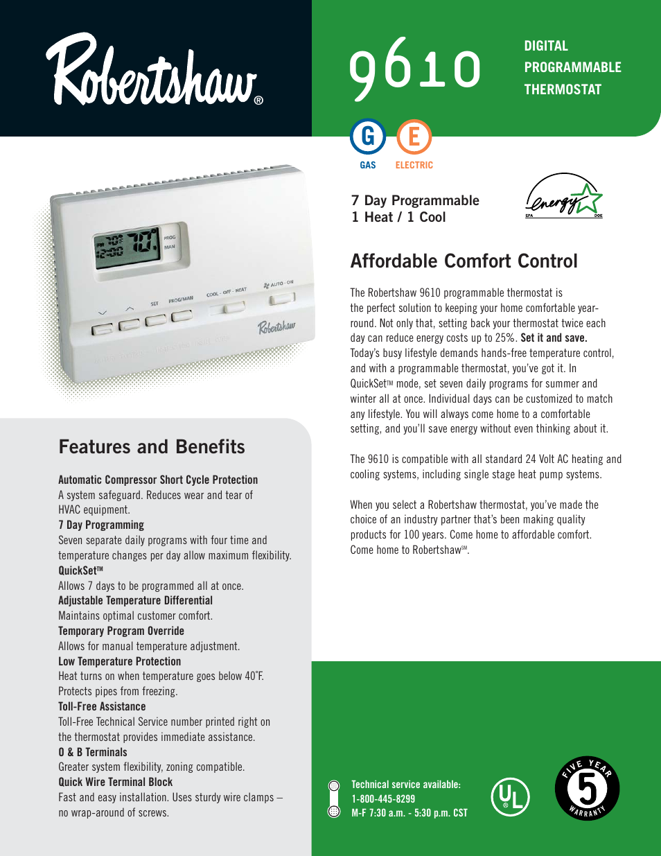 Robert shaw 9600 thermostat user manual