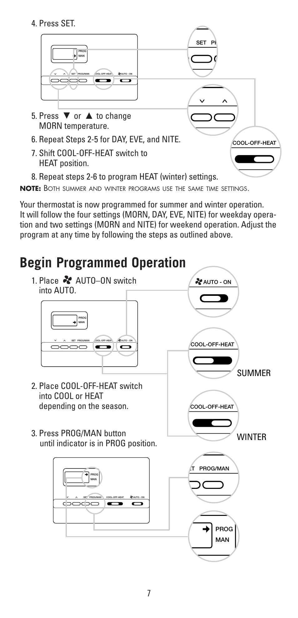 Begin programmed operation, Summer winter | Robertshaw 9600 User Manual