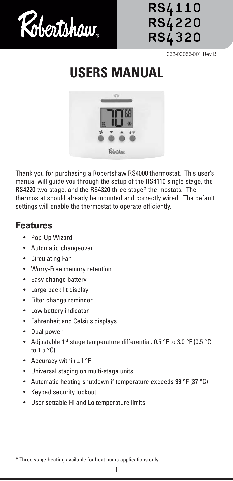 Robertshaw RS4320 USERS MANUAL User Manual | 24 pages | Also for