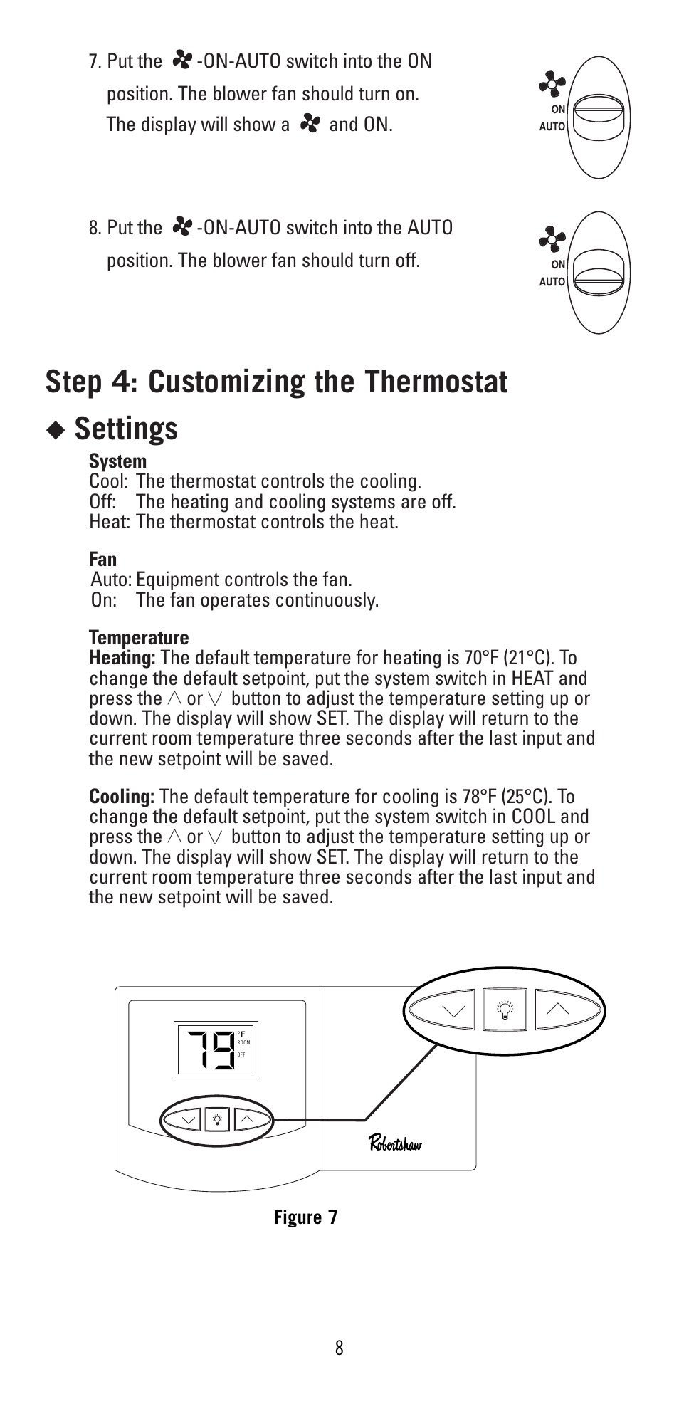 Step 4: customizing the thermostat, Settings | Robertshaw 9400 User