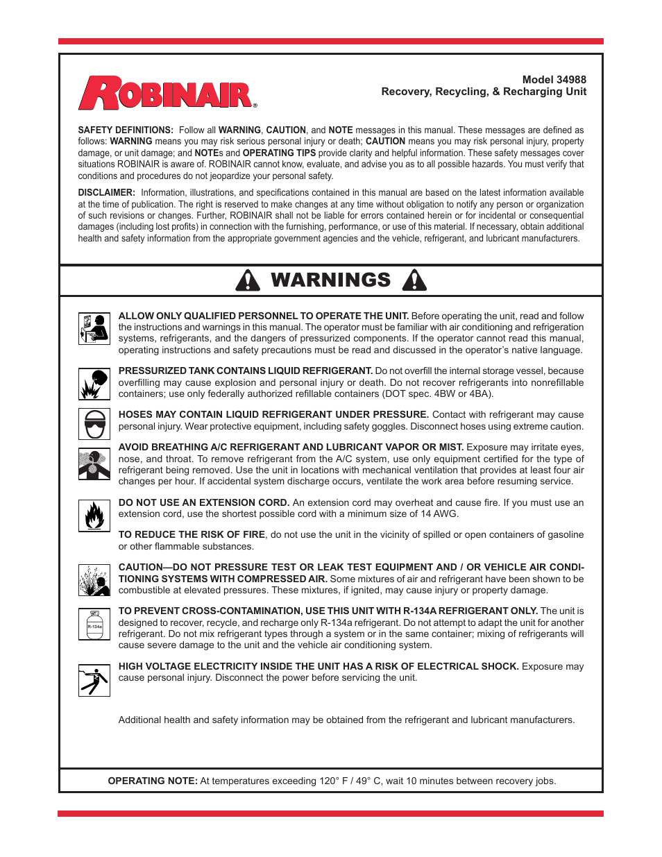 Warnings | Robinair 34988 Recovery, Recycling, Recharging Unit User