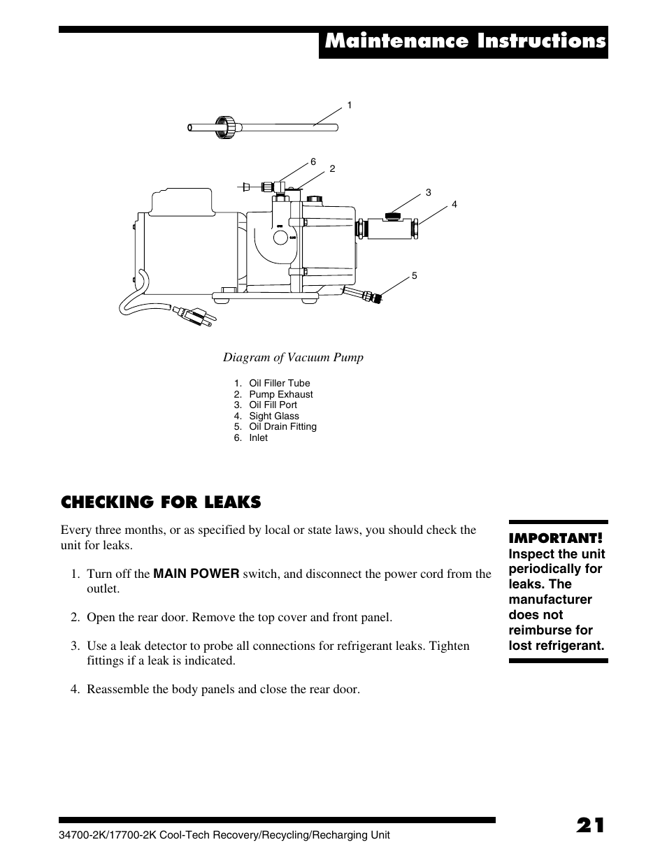 Maintenance instructions, Checking for leaks | Robinair 177002K