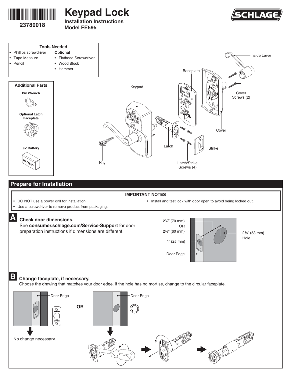 Schlage FE595 Installation User Manual | 8 pages