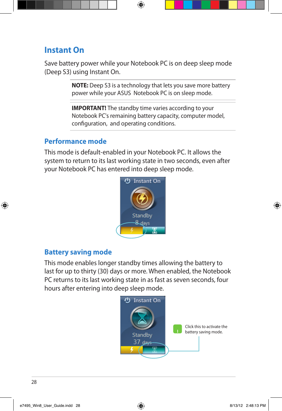 Instant on, Performance mode, Battery saving mode | Asus Notebook PC (User Guide