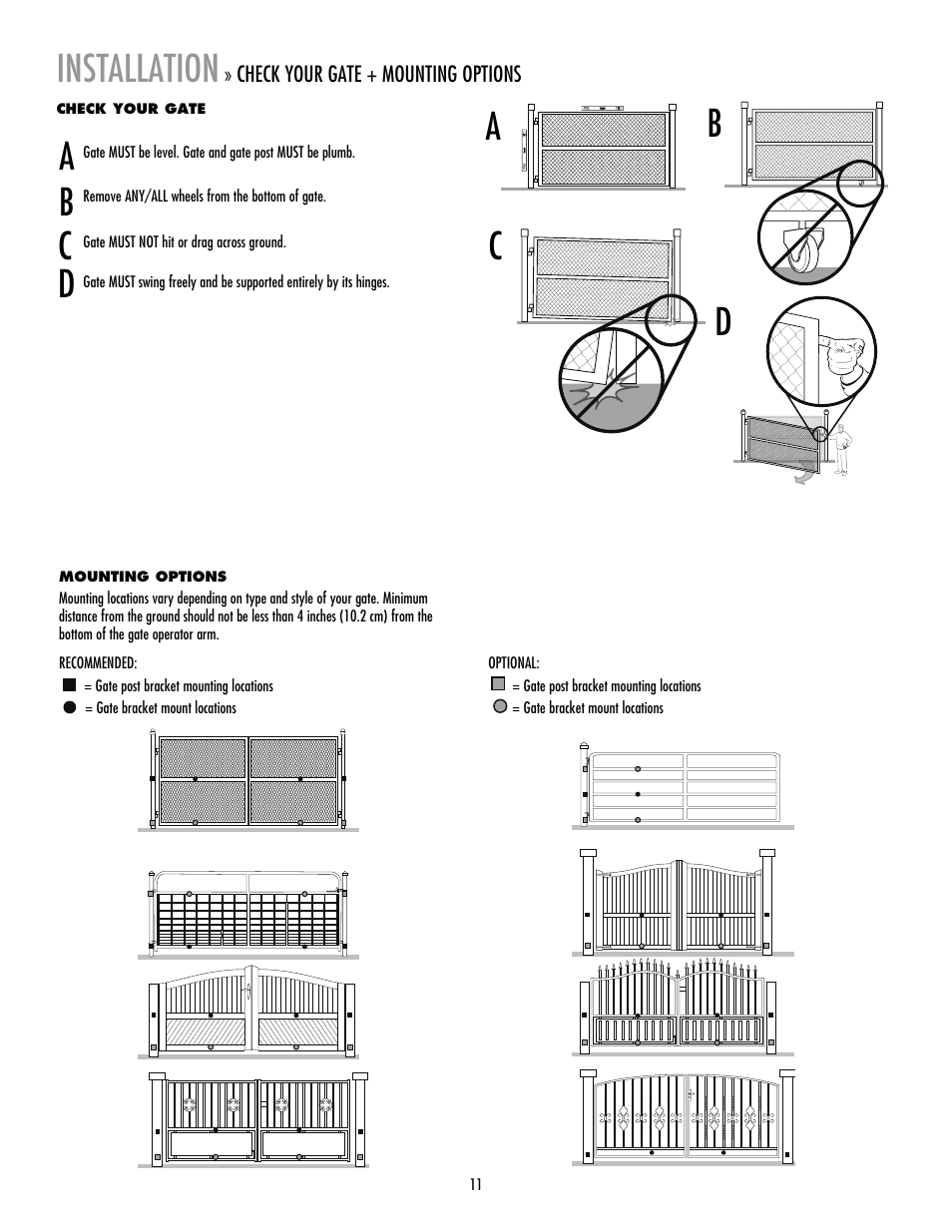 Check your gate, Mounting options, Installation | LiftMaster LA400