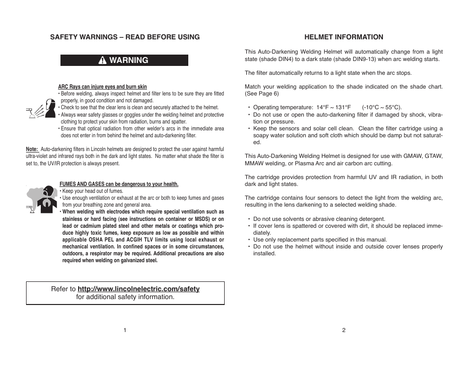 Welding Filter Lens Chart