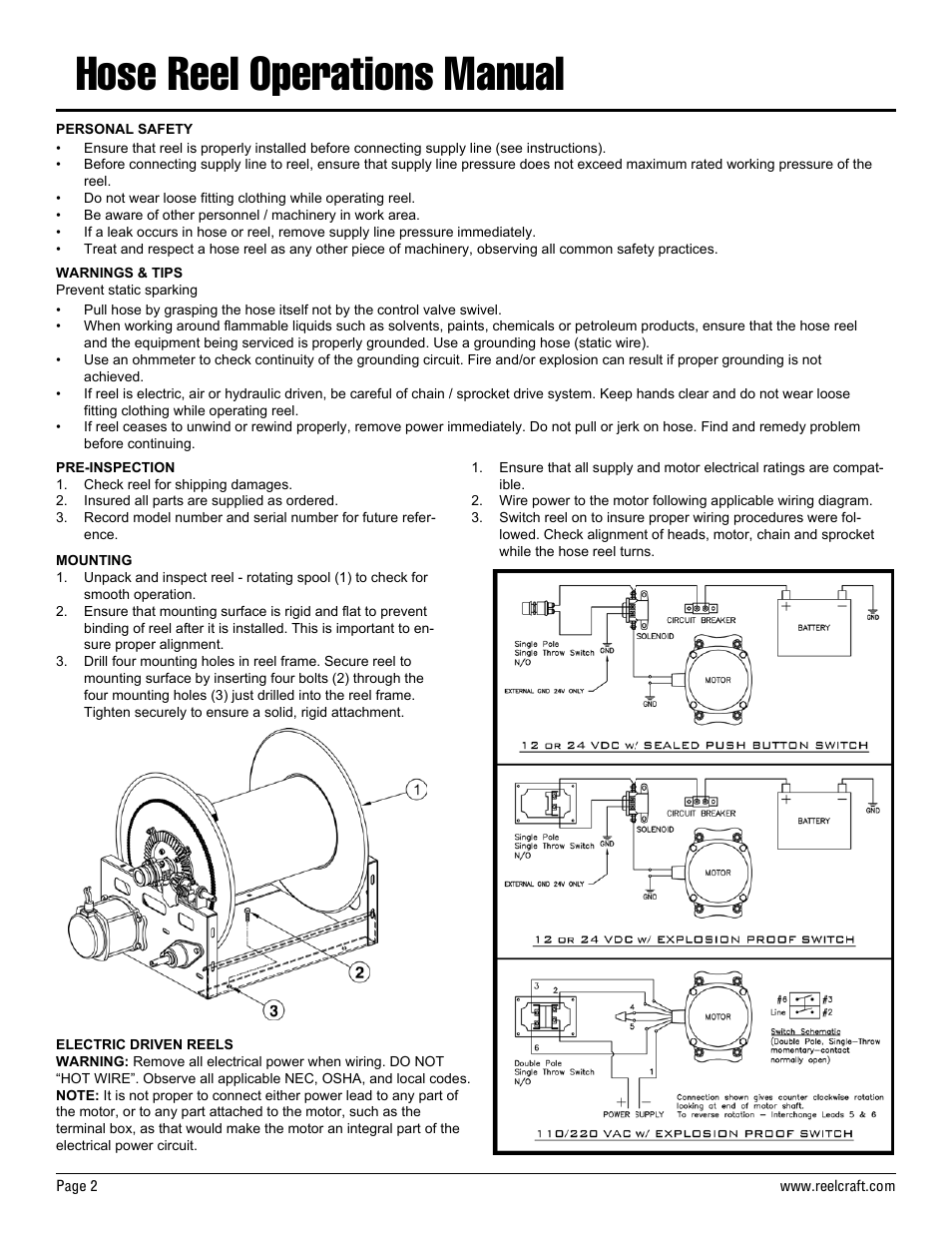 Hose reel operations manual | Reelcraft Nordic Series 3900 Reels User