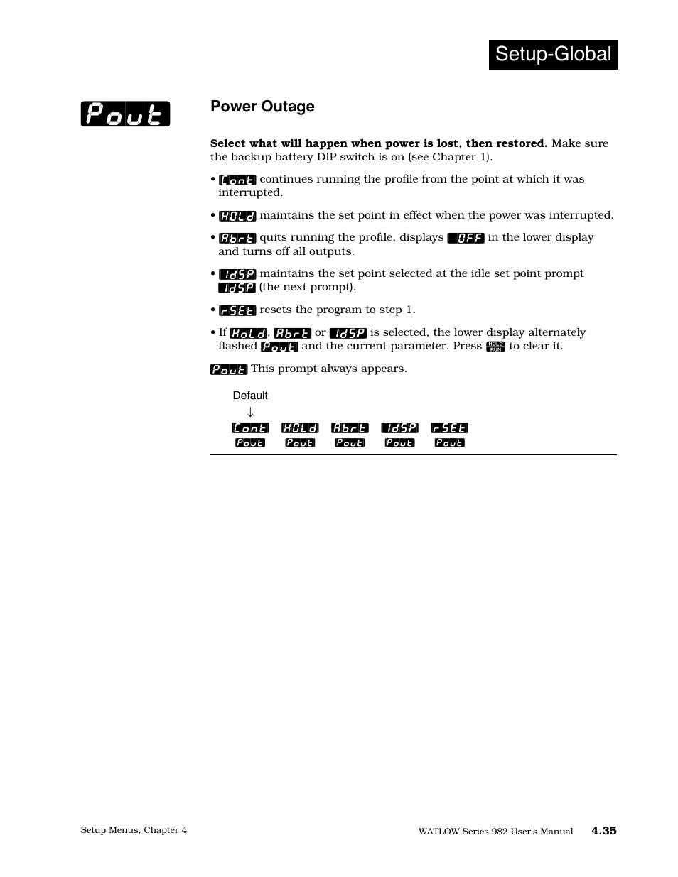 Power outage, Pout, Setup-global | Watlow Series 982 User Manual | Page