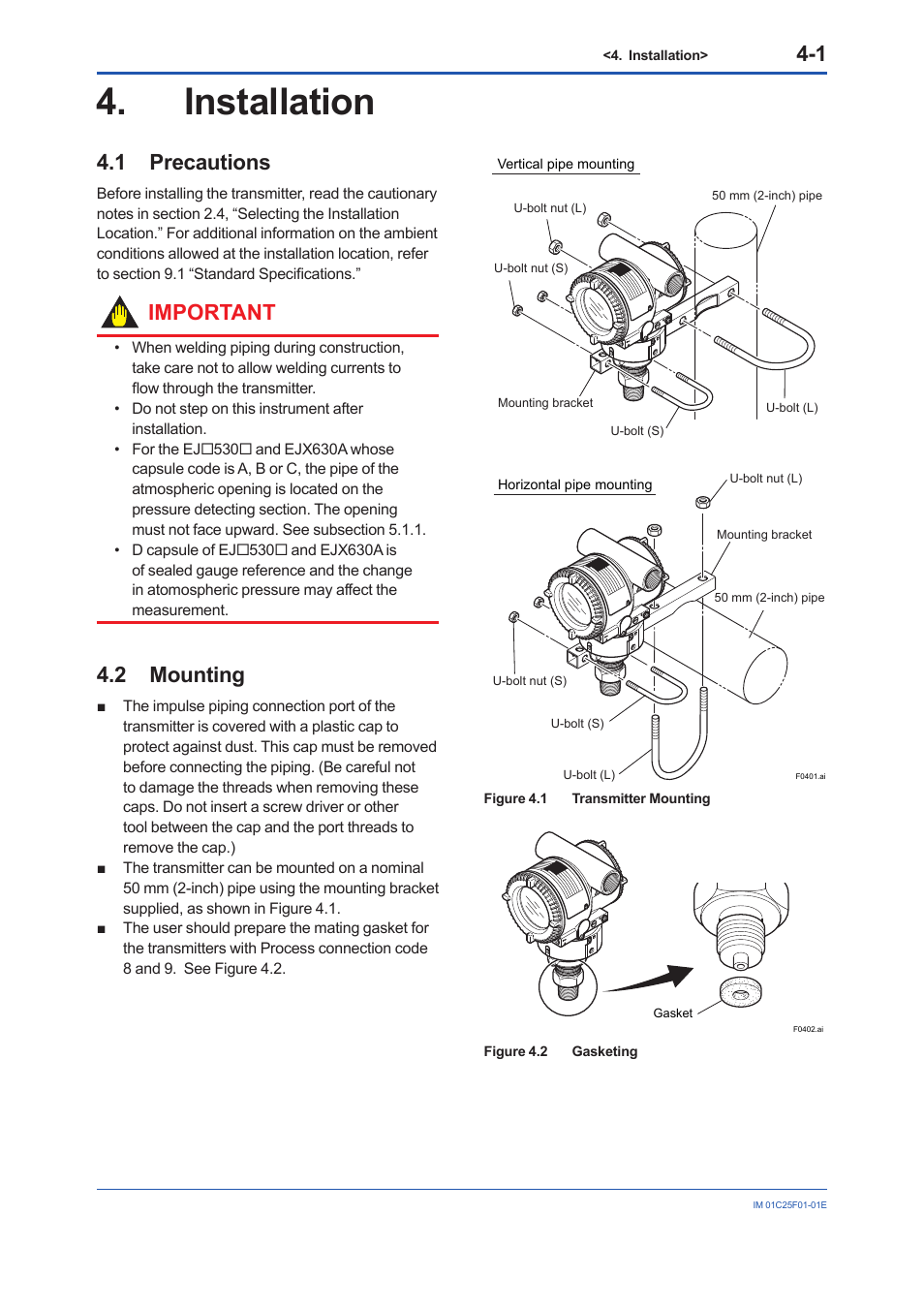 Installation, 1 precautions, 2 mounting Yokogawa EJA530E User Manual