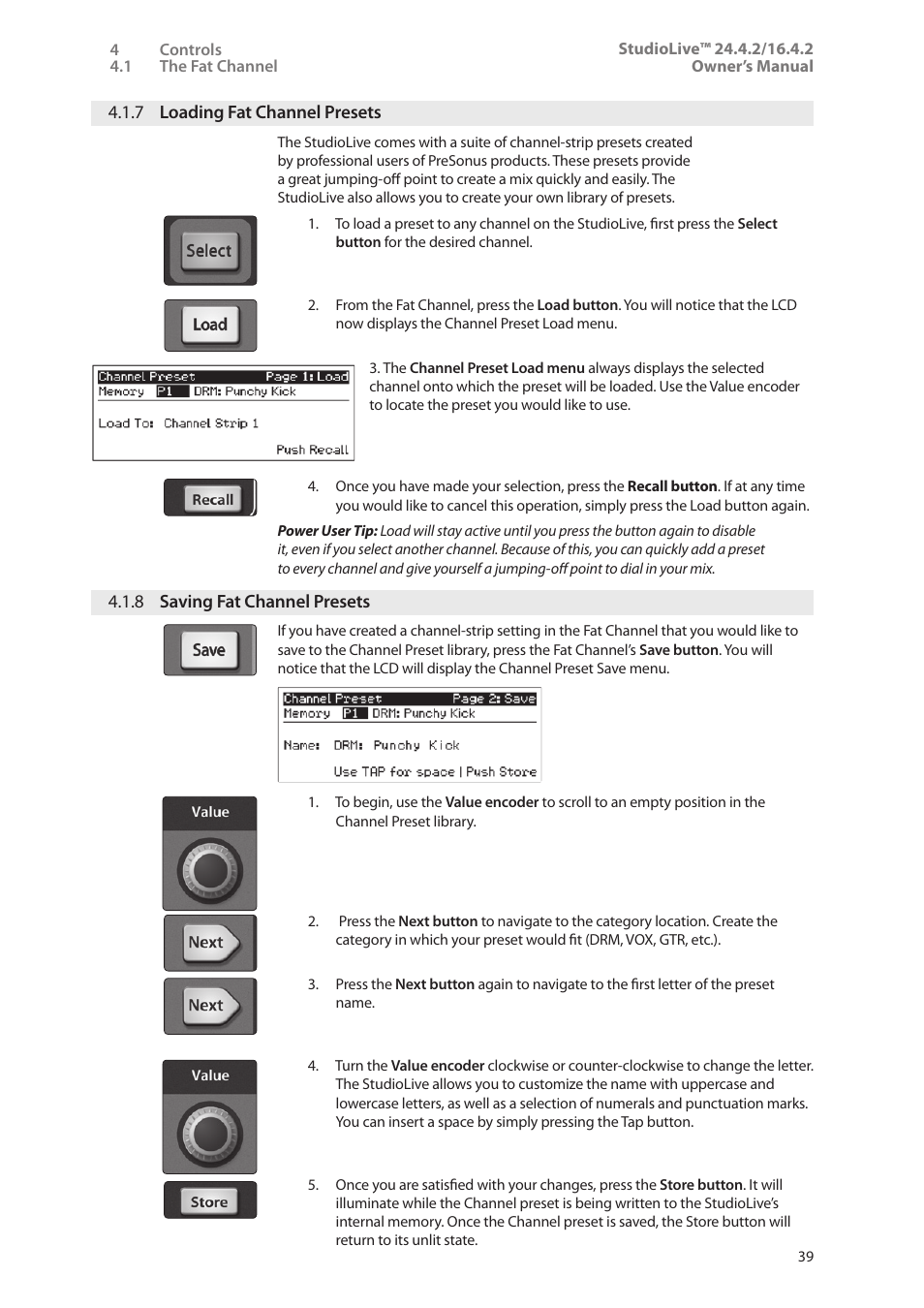 7 loading fat channel presets, 8 saving fat channel presets, 7 loading