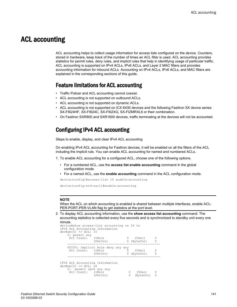 Acl accounting, Configuring ipv4 acl accounting, Feature limitations