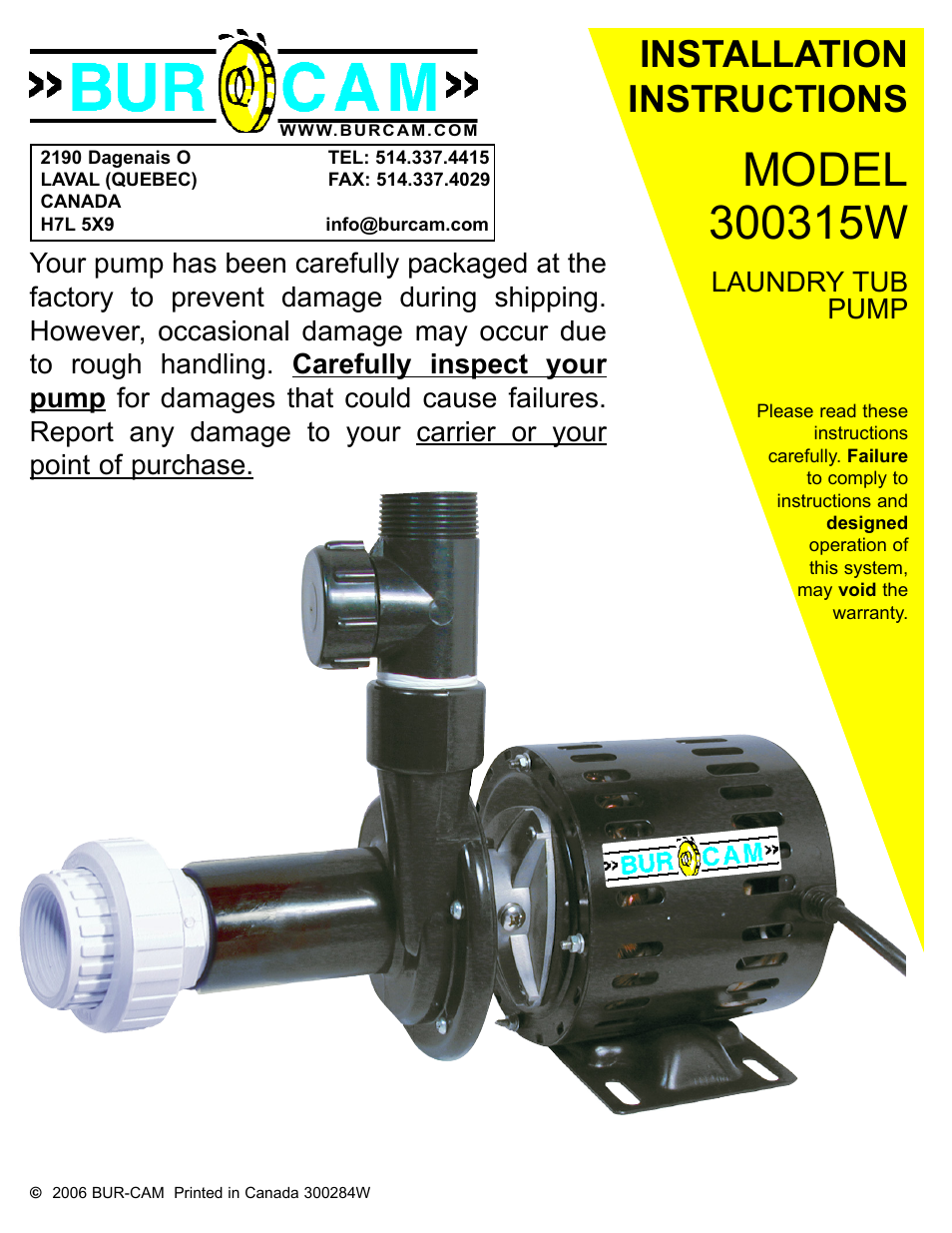 Burcam 300315w Laundry Tub Pump 1 3hp 115v User Manual 8 Pages