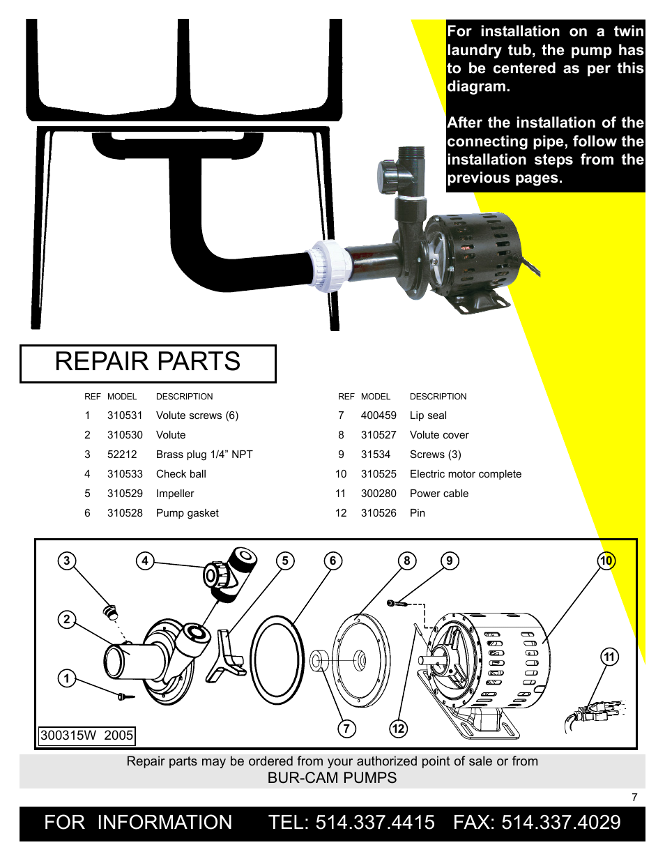 Repair Parts Bur Cam Pumps Burcam 300315w Laundry Tub
