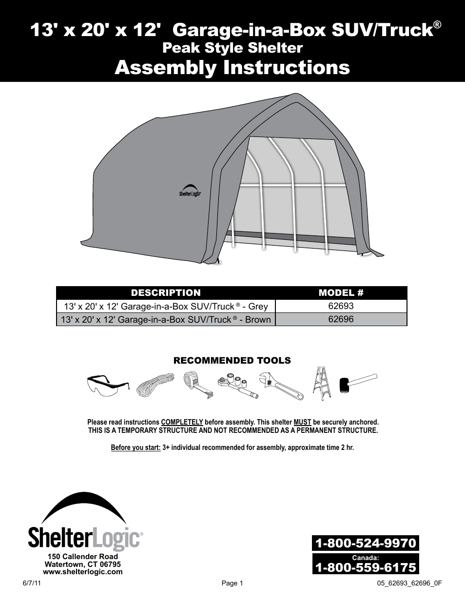 ShelterLogic 62696 13 x 20 x 12 GarageinaBox SUV/Truck User Manual