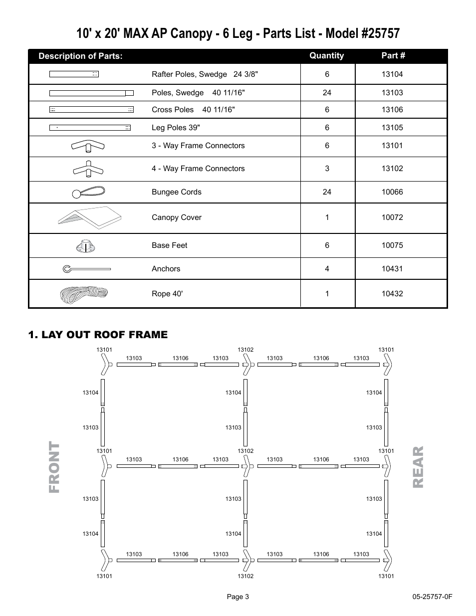 Fr on t re a r, Lay out roof frame | ShelterLogic 25757 10 x 20 Max AP