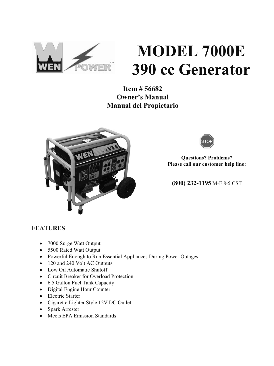 WEN 56682 7000 Watt Electric Start User Manual | 40 pages