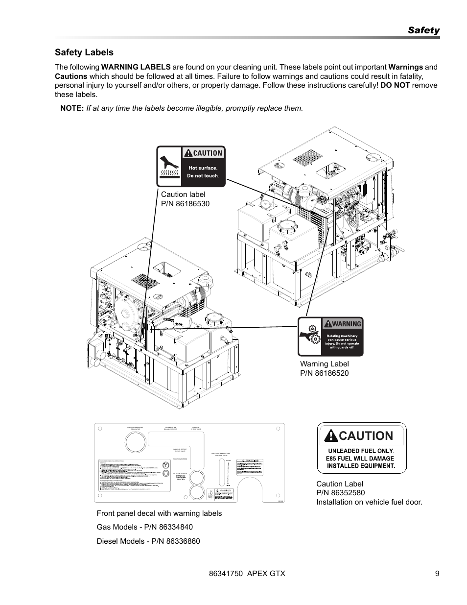 Caution, Safety labels, Safety | Prochem Apex GTX User Manual | Page 11