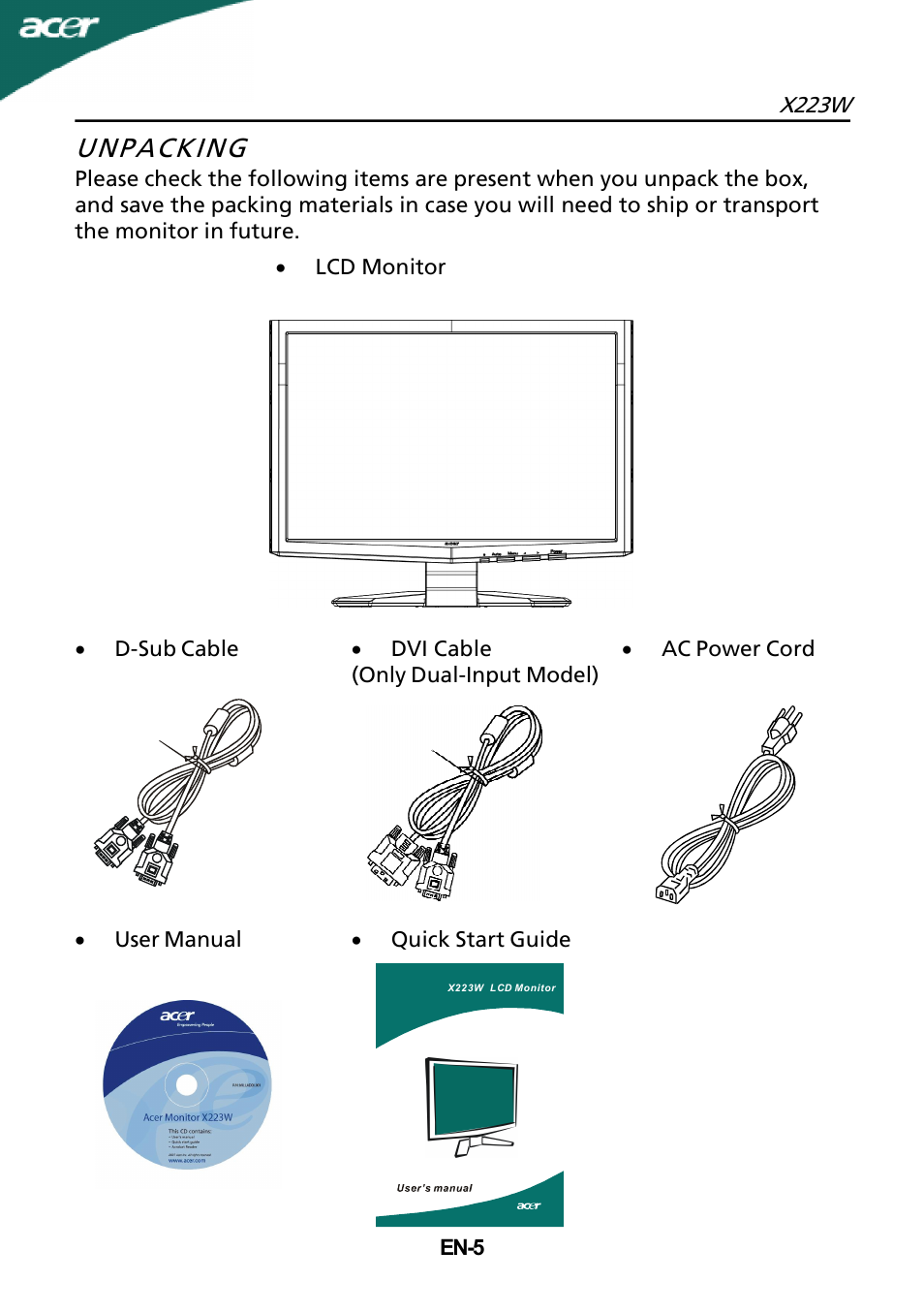 Unpacking | Acer X223W User Manual | Page 11 / 26