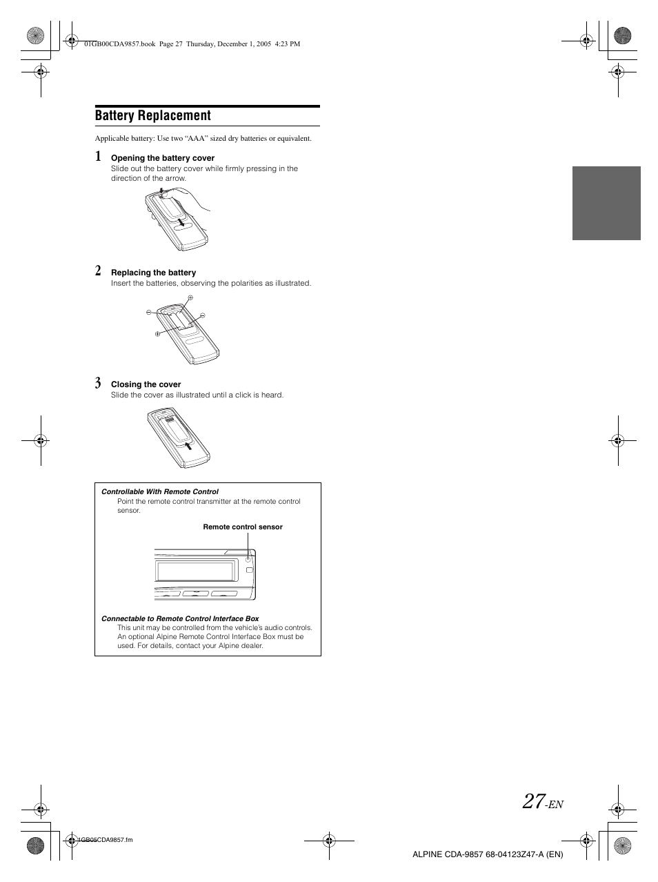 Battery replacement | Alpine CDA-9857 User Manual | Page 29 / 38