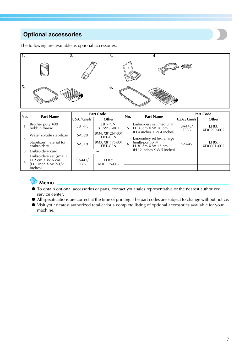 Optional accessories | Brother PE-770 User Manual | Page 9 / 88