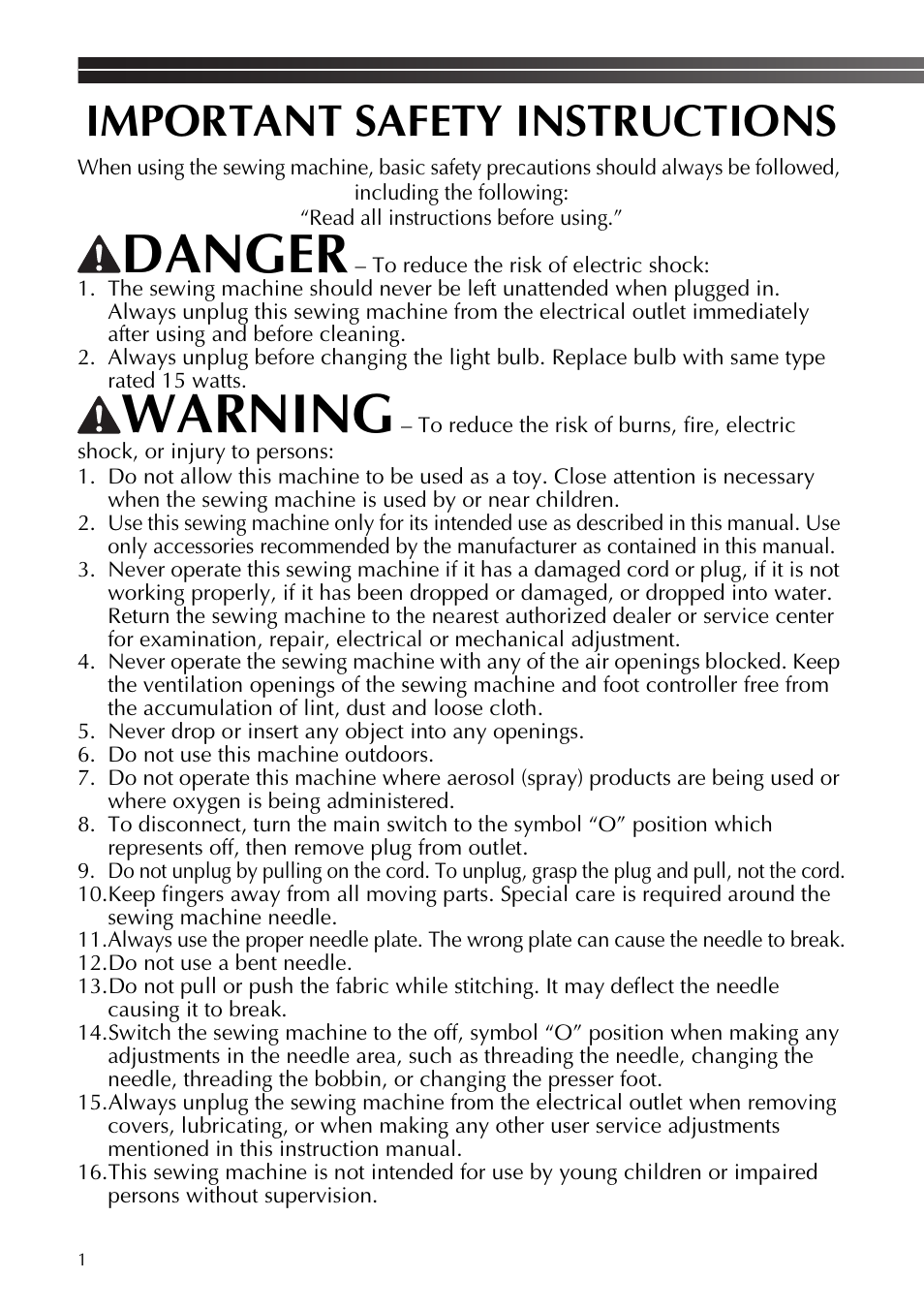 Danger, Warning, Important safety instructions | Brother LX2375 User