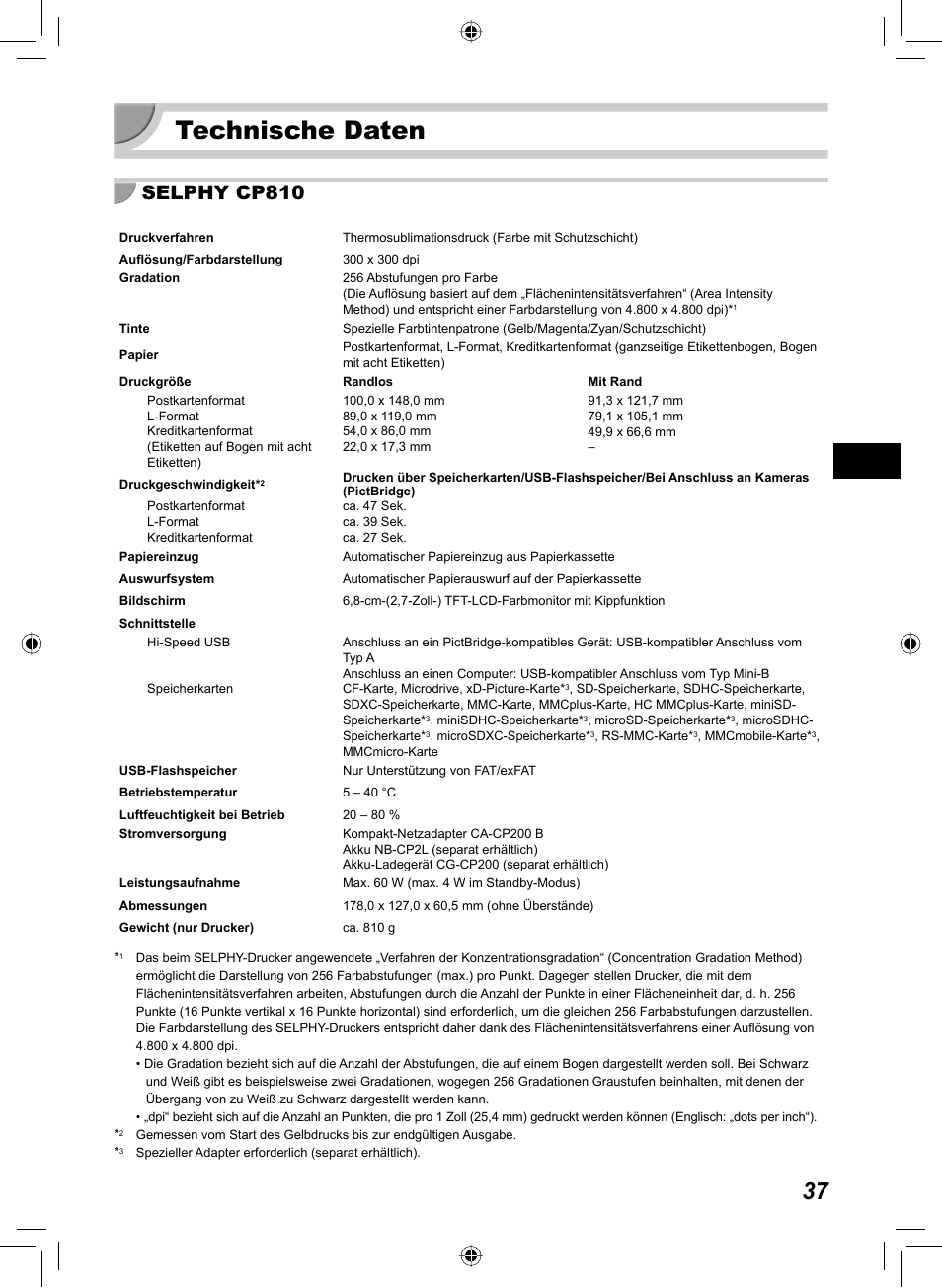 Technische daten, Selphy cp810 | Canon SELPHY CP810 User Manual | Page