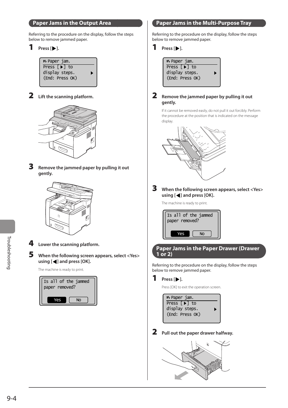 Paper jams in the output area, Paper jams in the multipurpose tray