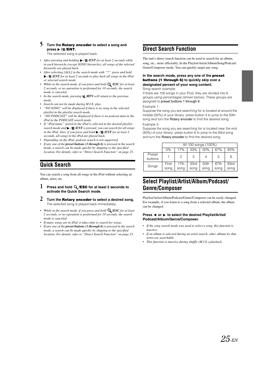 Quick search, Direct search function | Alpine CDA-9883 User Manual