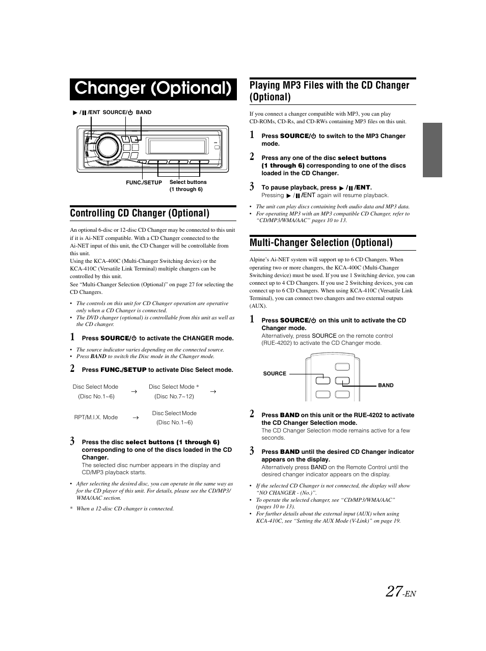 Changer control, Changer (optional), Controlling cd changer (optional