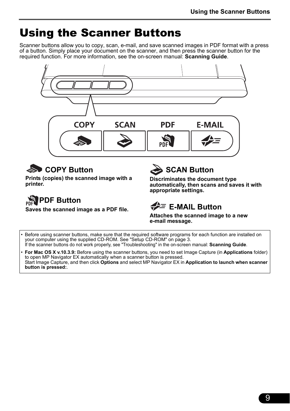 Using the scanner buttons, Copy button, Pdf button | Canon CANOSCAN