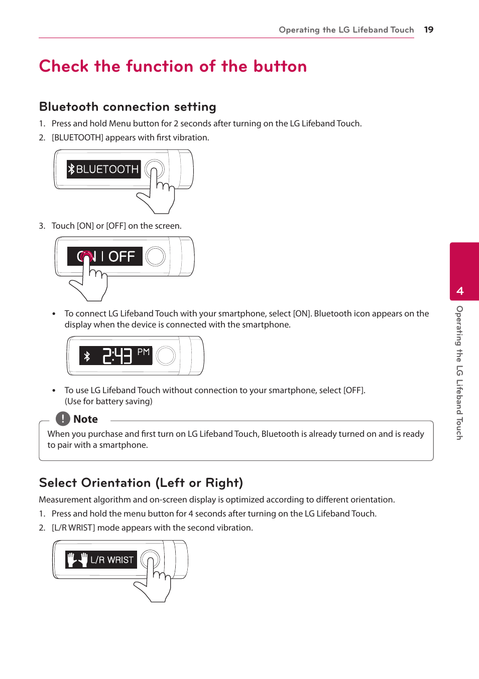 4 operating the lg lifeband touch, Check the function of the button