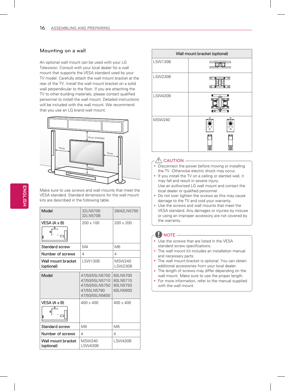Mounting on a wall | LG 50LN5700 User Manual | Page 16 / 52