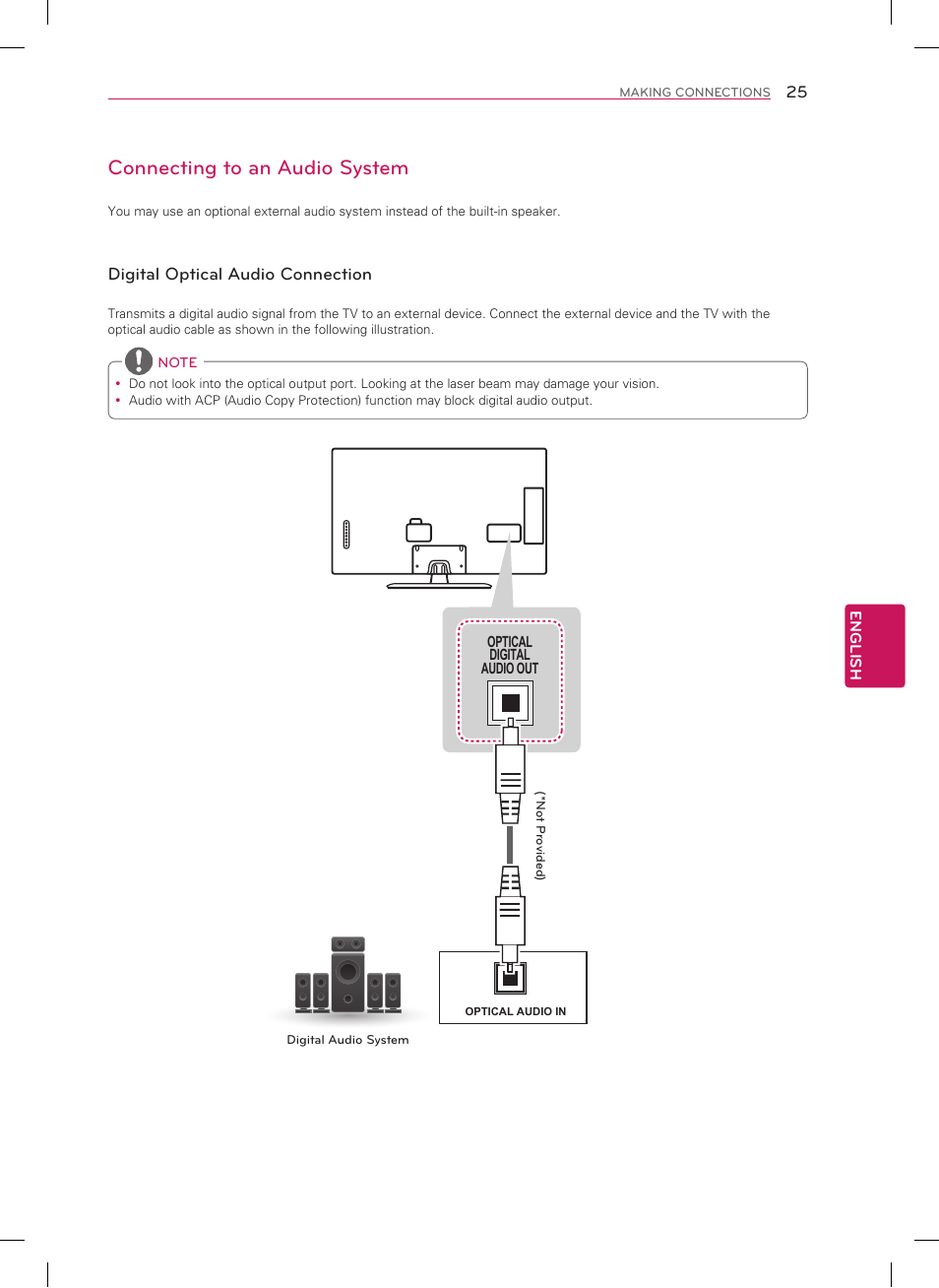 Connecting to an audio system, Digital optical audio connection | LG
