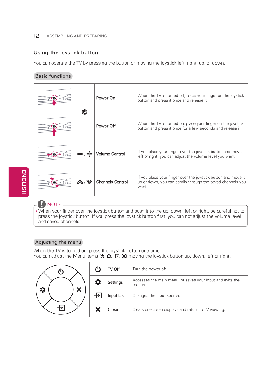English 12, Using the joystick button | LG 42LN5200 User Manual | Page