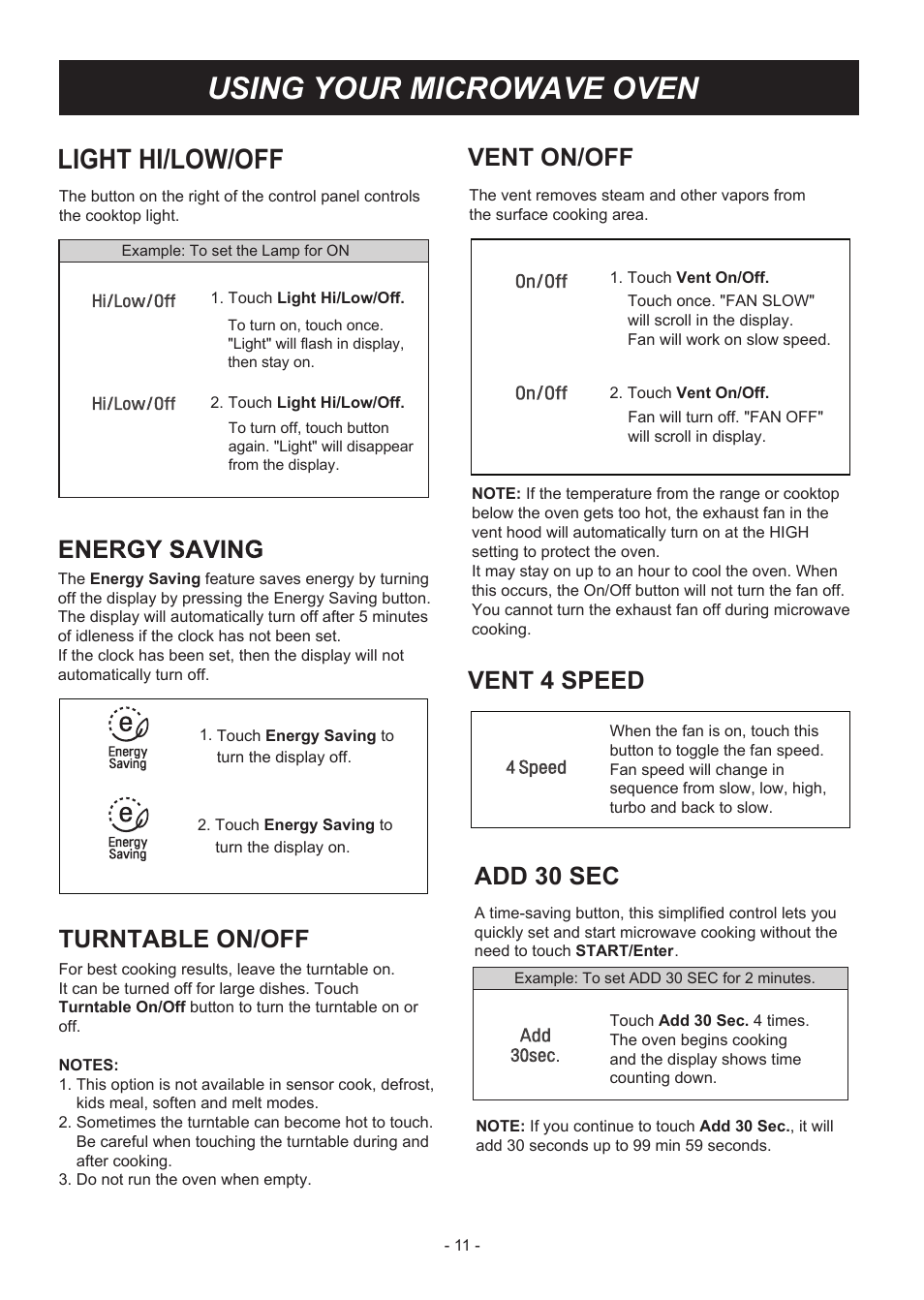 Using your microwave oven, Light hi/low/off, Vent on/off LG LMHM2237ST User Manual Page 11 / 32