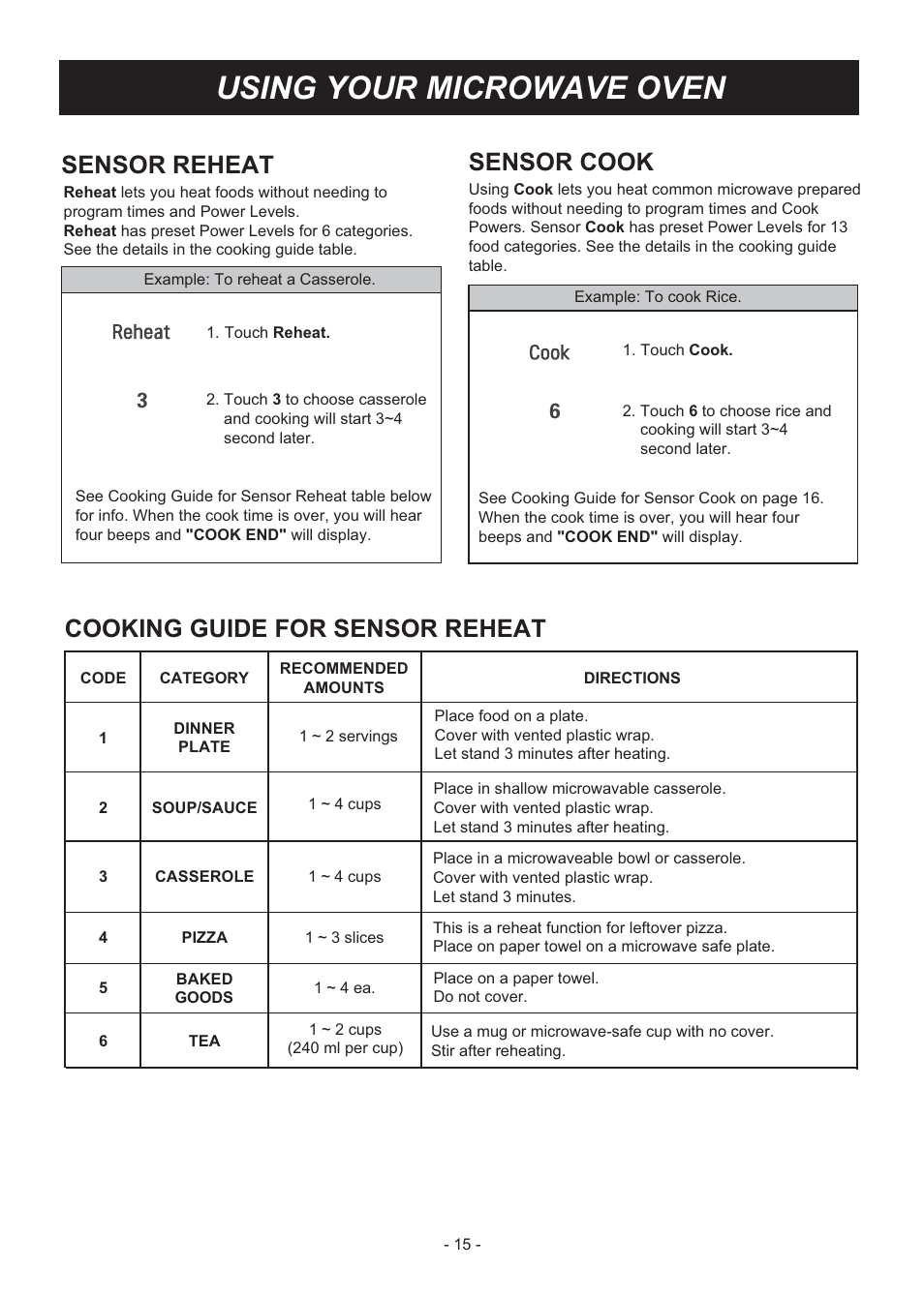 Using your microwave oven, Sensor cook, Sensor reheat LG LMHM2237ST User Manual Page 15 / 32