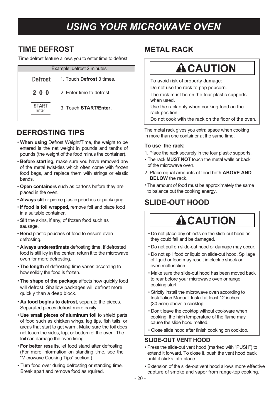 Caution, Using your microwave oven, Defrosting tips LG LMHM2237ST User Manual Page 20 / 32